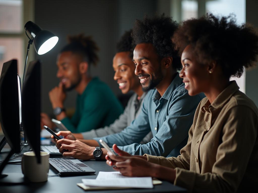 Diverse group of people using mobile betting app with excited expressions